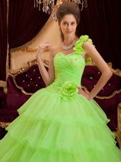 Flowers Strap Lemon Green Layers Organza Skirt Quinceanera Dress