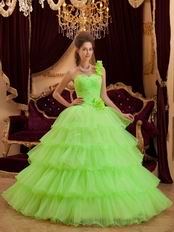 Flowers Strap Lemon Green Layers Organza Skirt Quinceanera Dress