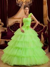 Flowers Strap Lemon Green Layers Organza Skirt Quinceanera Dress