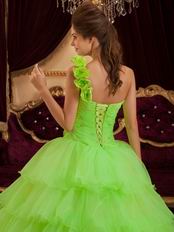 Flowers Strap Lemon Green Layers Organza Skirt Quinceanera Dress