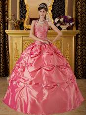 Classical Waltermelon Tafftea Quinceanera Dress With Halter Design