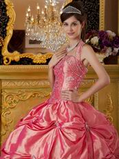 Classical Waltermelon Tafftea Quinceanera Dress With Halter Design