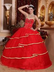 Red Sweetheart Quinceanera Dress Layers Skirt With Gold Bordure