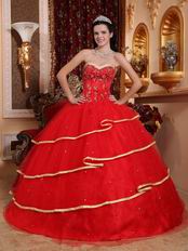 Red Sweetheart Quinceanera Dress Layers Skirt With Gold Bordure