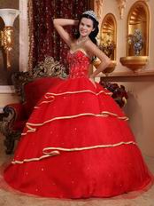 Red Sweetheart Quinceanera Dress Layers Skirt With Gold Bordure