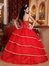 Red Sweetheart Quinceanera Dress Layers Skirt With Gold Bordure