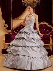 Appliqued Layers Skirt Gray Taffeta Quinceanera Gown On Sale