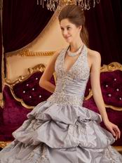 Appliqued Layers Skirt Gray Taffeta Quinceanera Gown On Sale