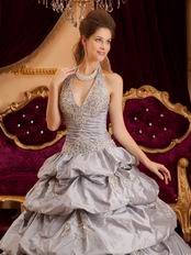 Appliqued Layers Skirt Gray Taffeta Quinceanera Gown On Sale