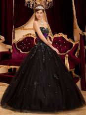 Black Tulle Appliqued Quinceanera Dress With Purple Emberllish