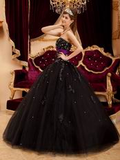 Black Tulle Appliqued Quinceanera Dress With Purple Emberllish