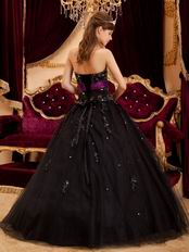 Black Tulle Appliqued Quinceanera Dress With Purple Emberllish