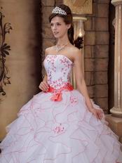Ruffed White Organza Skirt Quinceanera Dress With Embroidery