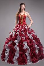 Wine Red Quinceanera Dress With Halter Ruffles Puffy Skirt