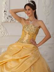 Gold Princess Women Quinceanera Dress With Appliqued Edge Of Skirt