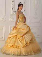 Gold Princess Women Quinceanera Dress With Appliqued Edge Of Skirt