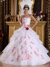 Strapless Quinceanera White Dress With Red Embroidery Destails