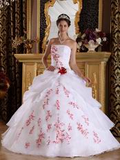 Strapless Quinceanera White Dress With Red Embroidery Destails