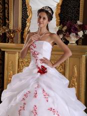 Strapless Quinceanera White Dress With Red Embroidery Destails