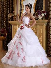 Strapless Quinceanera White Dress With Red Embroidery Destails