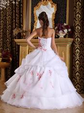 Strapless Quinceanera White Dress With Red Embroidery Destails