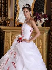 Strapless Quinceanera White Dress With Red Embroidery Destails