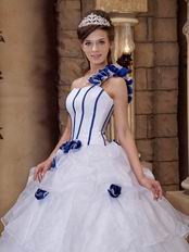 White Dress With Blue Flowers Single Shoulder Quinceanera Dress