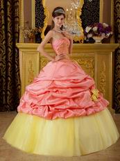 Watermelon Quinceanera Dress With Hand Made Yellow Flower
