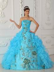 Good Looking High Quality Aqua Puffy Quinceanera Gown