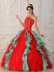 Strapless Red Ruffled Skirt Puffy Quinceanera Dress 2014