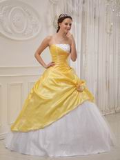 Strapless Trimed White Dot Tulle Skirt Moon Yellow Prom Gown