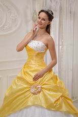 Strapless Trimed White Dot Tulle Skirt Moon Yellow Prom Gown