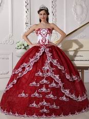 Strapless Wine Red Puffy Quinceanera Gown With Lace Decorate