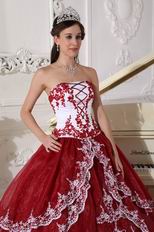 Strapless Wine Red Puffy Quinceanera Gown With Lace Decorate