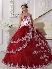 Strapless Wine Red Puffy Quinceanera Gown With Lace Decorate