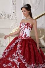 Strapless Wine Red Puffy Quinceanera Gown With Lace Decorate