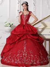 Modest Straps Embroidered Quinceanera Party Dress Wine Red