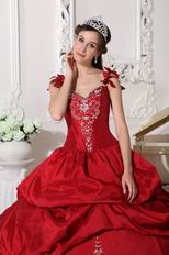 Modest Straps Embroidered Quinceanera Party Dress Wine Red