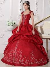 Modest Straps Embroidered Quinceanera Party Dress Wine Red