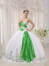 White Dress With Spring Green Emberllish Quinceanera Dress