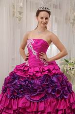 Strapless Fuchsia Quinceanera Dress With Rolling Flowers On Skirt