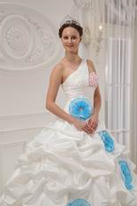 Single One Shoulder Ivory Quinceanera Dress With Aqua Flower