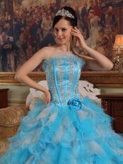 Aqua And White Interphase Ruffles Dama Quinceanera Dress