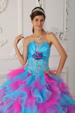 Strapless Hot Pink And Aqua Ruffle Skirt Quinceanera Gown