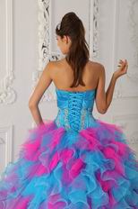 Strapless Hot Pink And Aqua Ruffle Skirt Quinceanera Gown