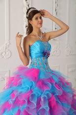 Strapless Hot Pink And Aqua Ruffle Skirt Quinceanera Gown