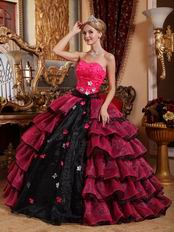 Cerise And Black Layers Skirt Trimed Dress To 2014 Quinceanera