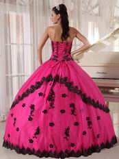 Strapless Fuchsia Sweet 16 Quinceanera Gown With Black Applique