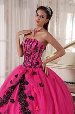 Strapless Fuchsia Sweet 16 Quinceanera Gown With Black Applique