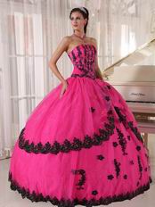 Strapless Fuchsia Sweet 16 Quinceanera Gown With Black Applique